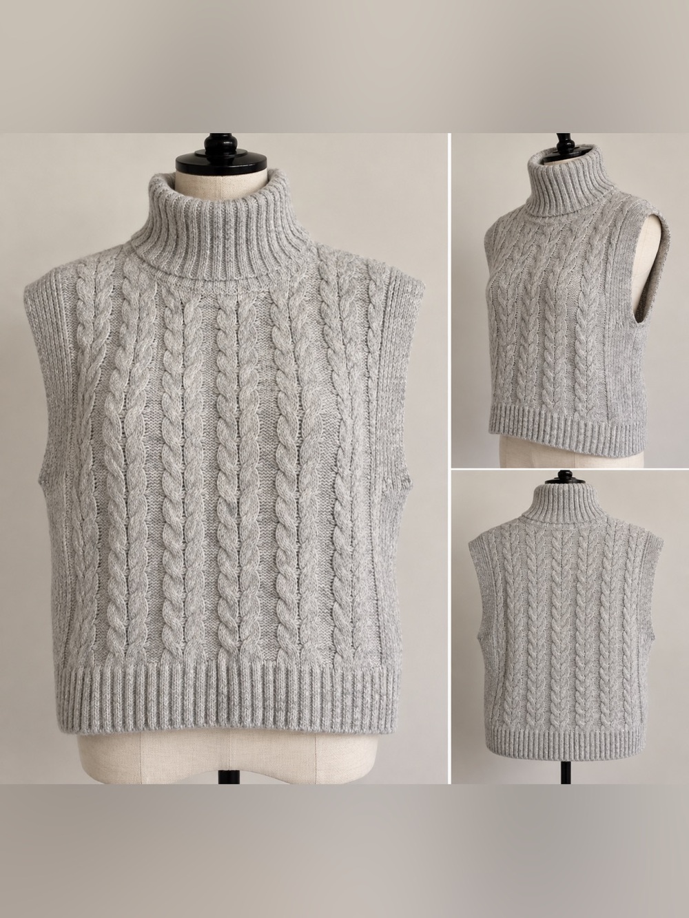 Joie Gray Cable Knit Turtleneck Sweater Vest Sleeveless Wool Blend Size S - Picture 1 of 7